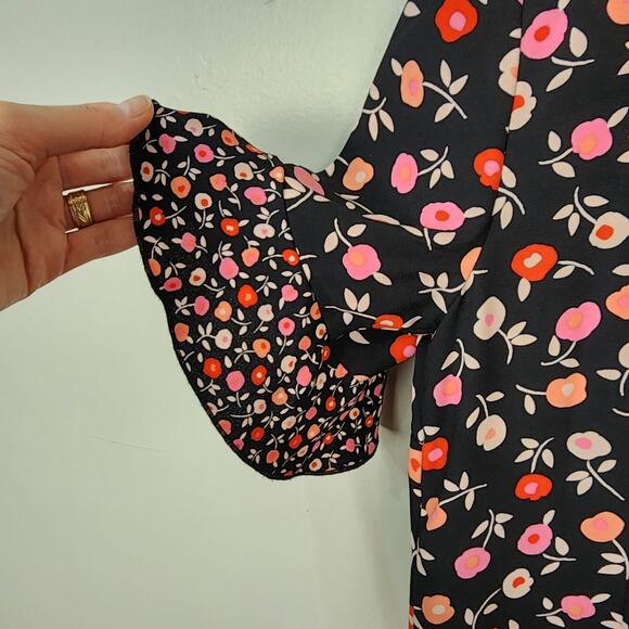 TALBOTS | Floral Shift Dress Size 12 Black Red Pink Midi Flounce Ruffle Modest - Picture 4 of 9